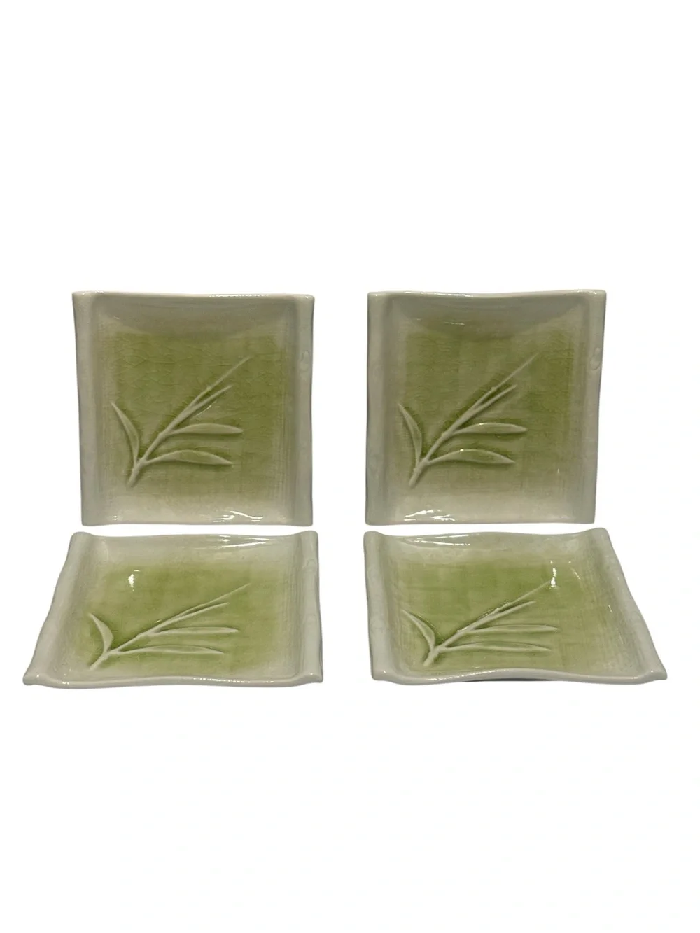 Vintage Crate and Barrel Kiri Green Bamboo Square Appetizer Plates Set of 4